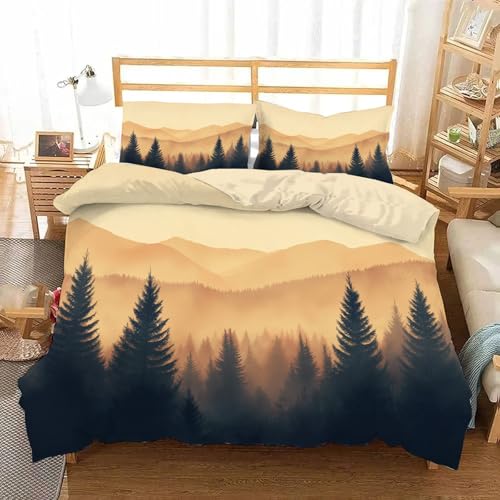 Juego de Funda nórdica con Estampado de montañas otoñales, Funda nórdica con Estampado de Bosque de Acuarela, Juego de Ropa de Cama Ligero y Reversible de 3 Piezas (Doble, 200 x 200 cm)