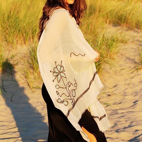 Boucle Flower Wool Scarf: Lightweight Cream Infinity Scarf, 77' x 30'4