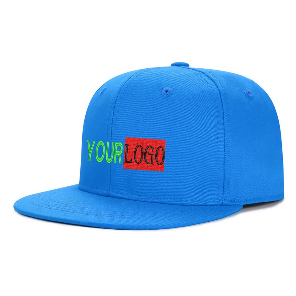 Unisex Light Blue Custom Logo & Text Snapback Hat/Cap | Embroidered Front Hip Hop Flat Bill Hat | Personalized Flat Brim Hats