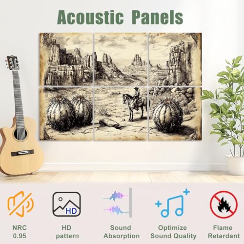 Paneles acústicos artísticos 6 pack para absorción de sonido, diseño de cactus, vaqueros y formaciones rocosas, autoadhesivos para estudios y oficinas 72"x48" miniatura 3