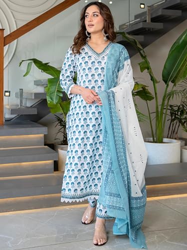 Image of Arayna Women's Pure Cotton Block Printed Ethnic Kurta Set with Palazzo & Dupatta