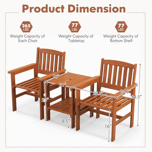 Tangkula 3 Piece Patio Conversation Set, Outdoor Wood Conversation Seat with Table and Umbrella Hole, Outdoor Furniture Set of 3 for Garden Poolside Backyard Balcony Porch - Thumbnail 4