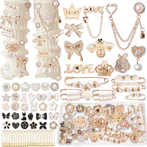 72Pcs Junk Socks Charms Kit Gold Brooches and Pins for Women Pearl and Rhinestone Sock Charms with Safety Pins DIY Accessories for Decorating and Personalizing Socks Clothes Hats Shoes Scarf Shawl