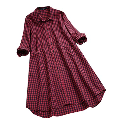 feiXIANG Damen Longshirt Lange Hülsen Plaid Hemd Kleid lose Taschen Frauen Für Herbst Frühling Casual Rundhals Tunika (C-Rot, 3XL)
