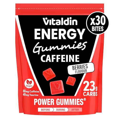 VITALDIN SPORT Power Gummies Caffeine & Taurine – 80 mg Cafeína, 40 mg Taurina por serving + Vitamina B6 – Doypack de 30 Bites de gominola – Sabor frutos rojos – Vegano