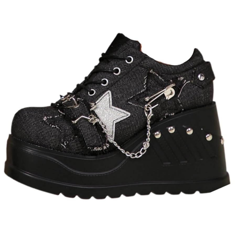 【Entre Reves】THAT GIRL SHINE BLACK Amazon.com | Emo Wedge Shoes Star Y2K Rave Grunge Retro