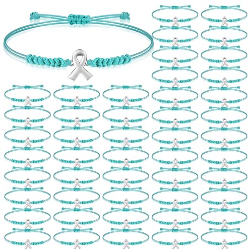 Sasylvia 20/50 Pcs Ovarian Cancer Awareness Bracelets Adjustable Cord Teal Ribbon Braided Bracelets Inspirational Ovarian Cancer Gifts for Women Jewelry Accessories