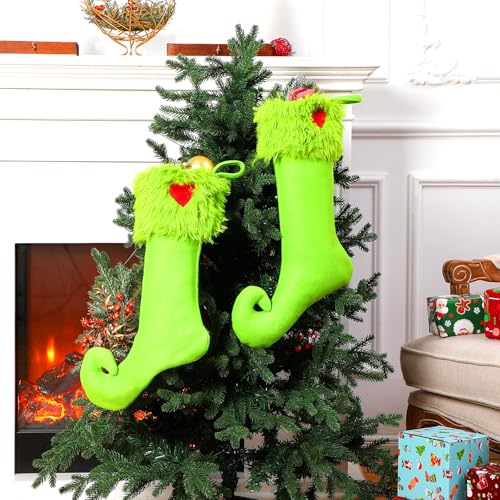 Coume 4 Pcs 19 inch Christmas Stockings Green Faux Fur Xmas Stockings Hanging Green Christmas Stockings Treat Bag Candy Pouch Holder Fireplace Hanging Decor for Xmas Holiday Family Party