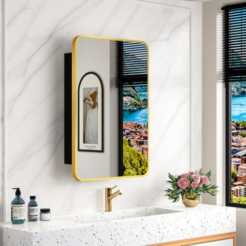 Image of ACEMIRO 16x24 Inch Mirror Medicine Cabinet for Bathroom Gold Metal Frame Bathroom Medicine Cabinet with Mirror Recessed or Wall Mounted