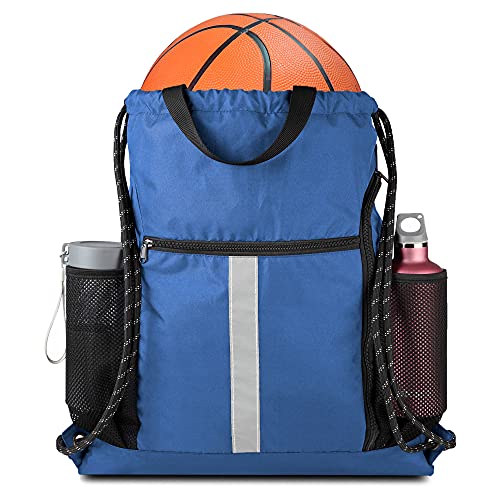 Image of BeeGreen Royal Blue String Backpack Bag Cinch Sack with Shoe Compartment and Two Side Mesh Pockets Lightweight Sturdy Drawstring Gym Sackpack 1 Pack for Unisex