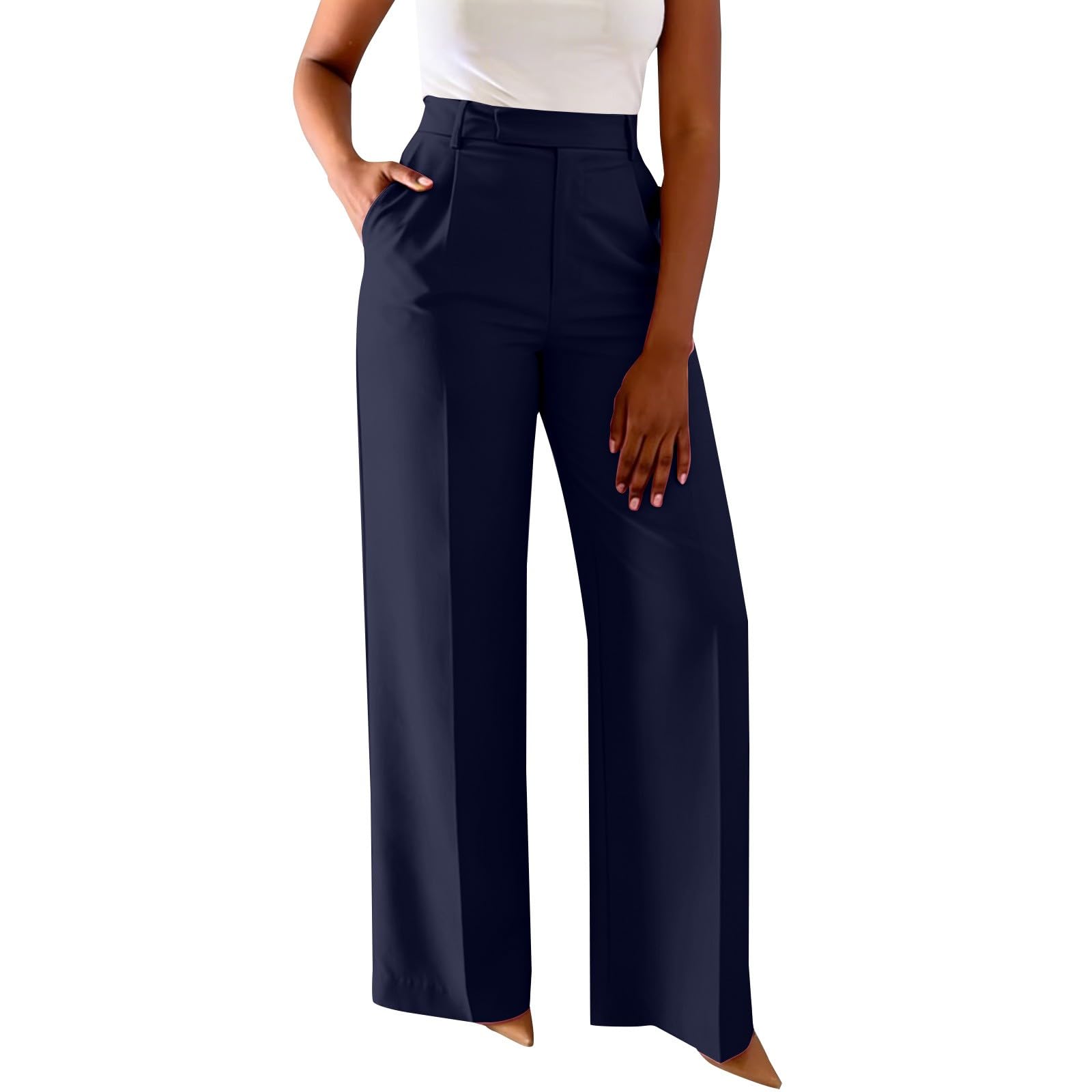 Pantaloni da donna a vita alta, da donna, a gamba larga, in tessuto, comodi, eleganti, casual, a vita alta, con tasche, casual, alla moda, da lavoro, da lavoro