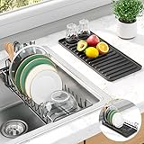 Kitsure Dish Drying Rack - Expandable Dish Rack for Kitchen Counter, Over Sink Or in Sink, Space-Saving Plates Dryer with Cutlery Holder & Drip Tray, 14.0"-20.9" L x 6.3" W x 8.0" H, Black