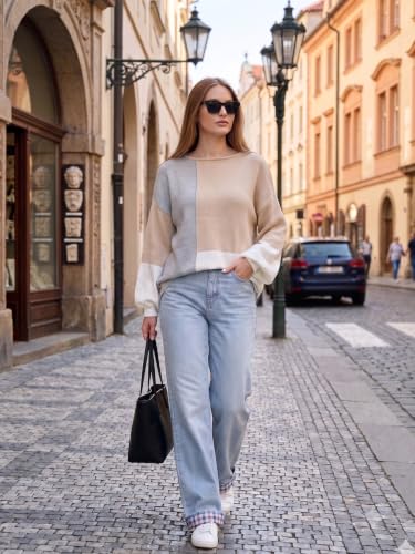 Image of ECOWISH Women Sweater Long Sleeve Color Block Knit Pullover Sweaters Crew Neck Patchwork Casual Loose Jumper Tops