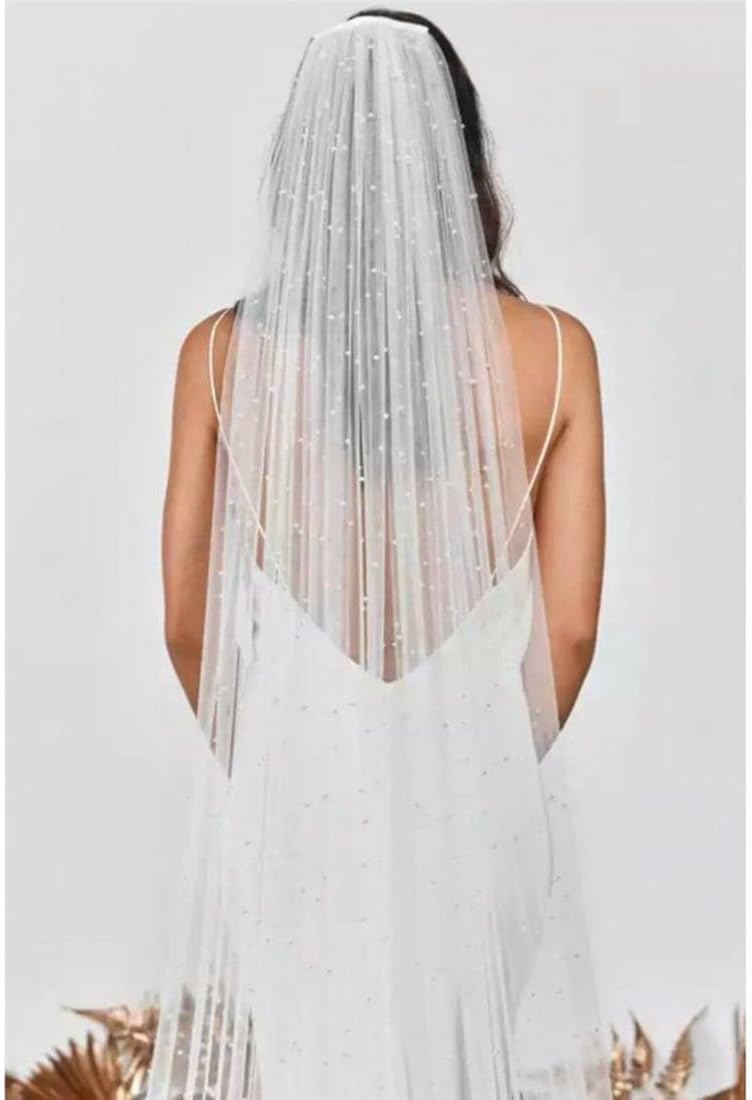 chrumeshi Long Wedding Bride Veil Pearl Chapel Length Veils For Women With Comb - Image 8