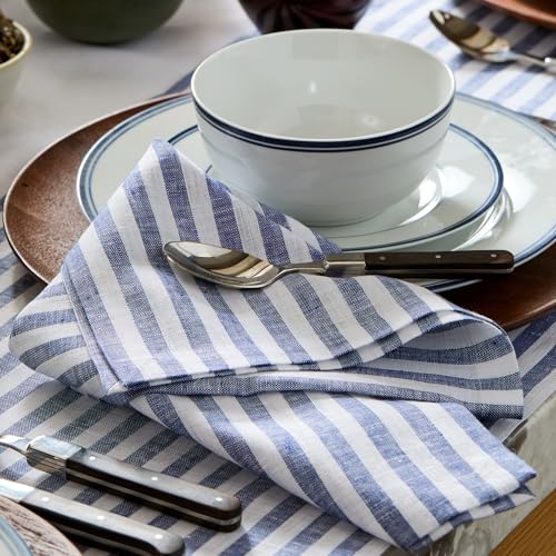Image of Solino Home 100% Linen Napkins, 20 x 20 in, Navy and White Stripe, Set of 4
