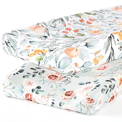 Image of GRSSDER Stretch Ultra Soft Jersey Knit Changing Pad Cover Set 2 Pack, Change Table Pad Covers Fit 32"/34" x 16" Pads Safe and Snug, Stylish Watercolor Flowers and Fruits for Girls