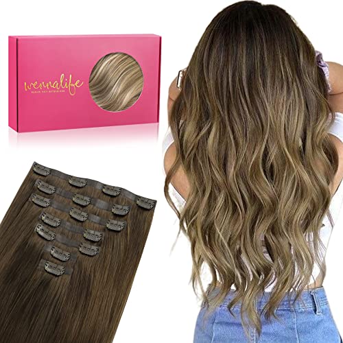 WENNALIFE Seamless Clip In Hair Extensions, 18 Inch 130g 7pcs Ombre Walnut Brown to Ash Brown and Bleach Blonde Hair Extensions Clip in Human Hair Invisible PU Skin Weft Natural Remy Human Hair Extensions
