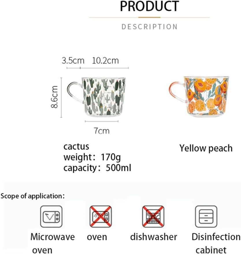 500ml Yellow Peach Cactus Glass Tea Milk Cups With Scale Coffee Mug Party Drinkware Tumbler Water(D)