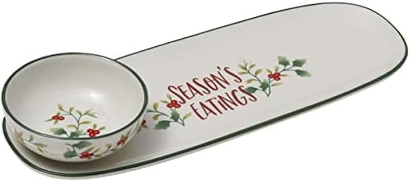 Pfaltzgraff Winterberry Seasons Greetings Serving Tray with Dip Bowl, 2 Piece, Multicolored