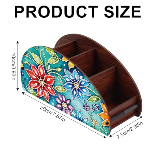 Image of DIY Diamond Painting Storage Box Floral Design Multi-Compartment Wooden Organizer for TV AC Remotes, Makeup Brushes, Pens, Desktop Tabletop Craft Storage