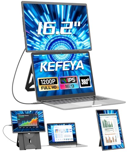 KEFEYA Tragbarer Monitor, 16.2' FHD 1200P Laptop Bildschirm Erweiterung, Monitor mit 360° Drehbarer Magnetischer Halterung, Reisemonitor für Alle Laptops, Plug & Play für Windows/Mac/Chrome/Xbox/PC