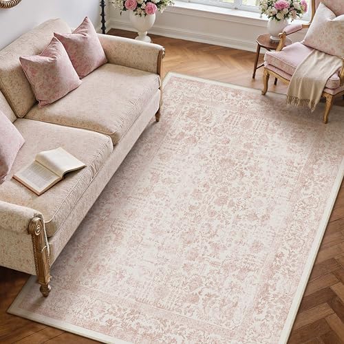 Pink Area Rug 3x5 Office Entryway Rug Machine Washable Kitchen Vintage Distressed Non Slip Carpet Indoor Retro Floral Accent Throw Door Mat for Bathroom Bedroom Dining Living Room