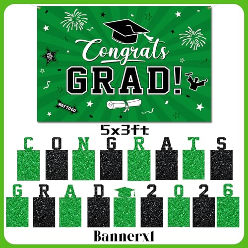 Image of 2026 Graduation Decorations, Green Themed Class of 2026 Decorations Set, Congrats Grad Backdrop, Photo Banner, Door Banner, Balloons and Pom Poms Supplies for High School College Graduation Party