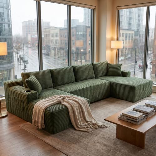 Image of 125 Inch Modular Sectional Sofa, Cloud Couch Oversized U Shaped Corduroy Sofa with Storage & Cupholders, Modern Deep Seat Boneless Couches for Living Room, No Assembly Required, Green