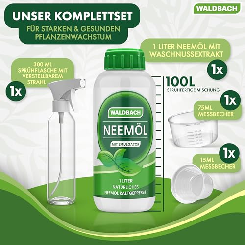 WALDBACH® Neemöl mit Emulgator [1000ml] - Natürliches Neemöl für Pflanzen mit Sprühflasche und Messbecher - 100 Liter sprühfertige Mischung - Effektive Pflanzenpflege für Garten- & Zimmerpflanzen