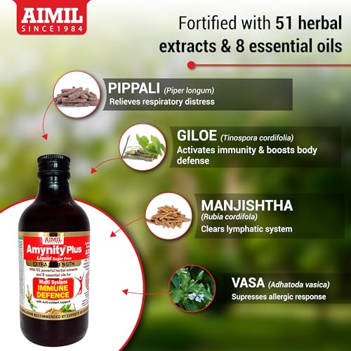 Image of AIMIL Amynity Plus Syrup - 200ml (Pack of 2) | Eases Breathing & Clears Respiratory Airways | Fights Cold | Helps Balance Immunity | Amla, Giloy, Tulsi, Ashwagandha, more Herbs & Antioxidants