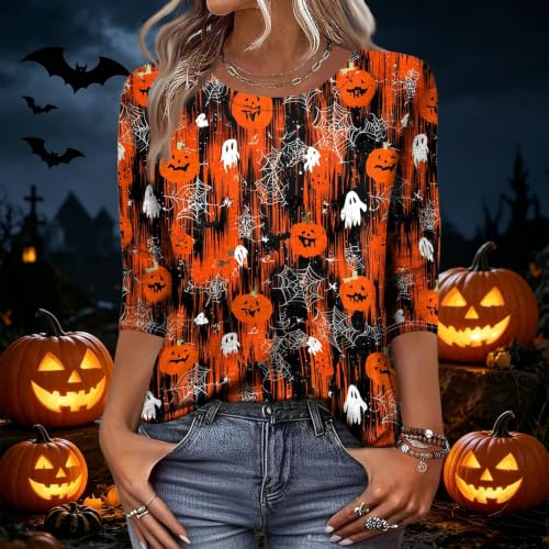 Image of Women Spooky Halloween Graphic Shirt 3 /4 Length Sleeve Crewneck Top | Halloween Funny Printed Pumpkin Plus Size Tshirts 2026 Fall Outfits Skeleton Tee Going Out Tops