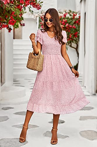 Theenkoln Women's Boho Ruffle Sleeve V Neck Leopard Print Ruffle Tiered Maxi Dress Tie Waist Chiffon Flowy Long Dress Pink Large #TOP3