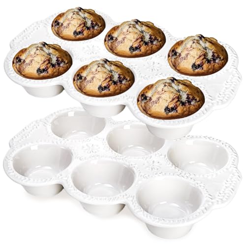 Hiceeden 2 Pack 6-Cup Ceramic Muffin Pan Nonstick Cupcake Baking Pans with Handle Ceramic Muffin Tin with Embossed Pattern for Muffin Cupcake White