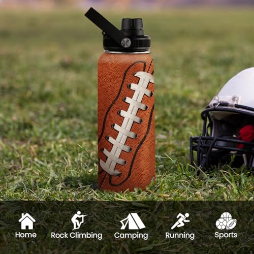 Image of SANDJEST Football Water Bottle - 32oz Insulated Stainless Steel Sports Bottles - Gifts for Men Football Lovers Fan Players