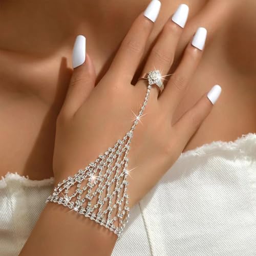 Image of Long tiantian Hand Chain Bracelet Gold Link Finger Ring Slave Bracelet