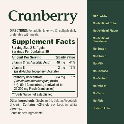 Image of Nature's Bounty Cranberry Concentrate w /Vitamin C, Dietary Supplement, Supports Urinary Tract and Immune Health, 25200mg, 60 Rapid Release Softgels (Pack of 2)