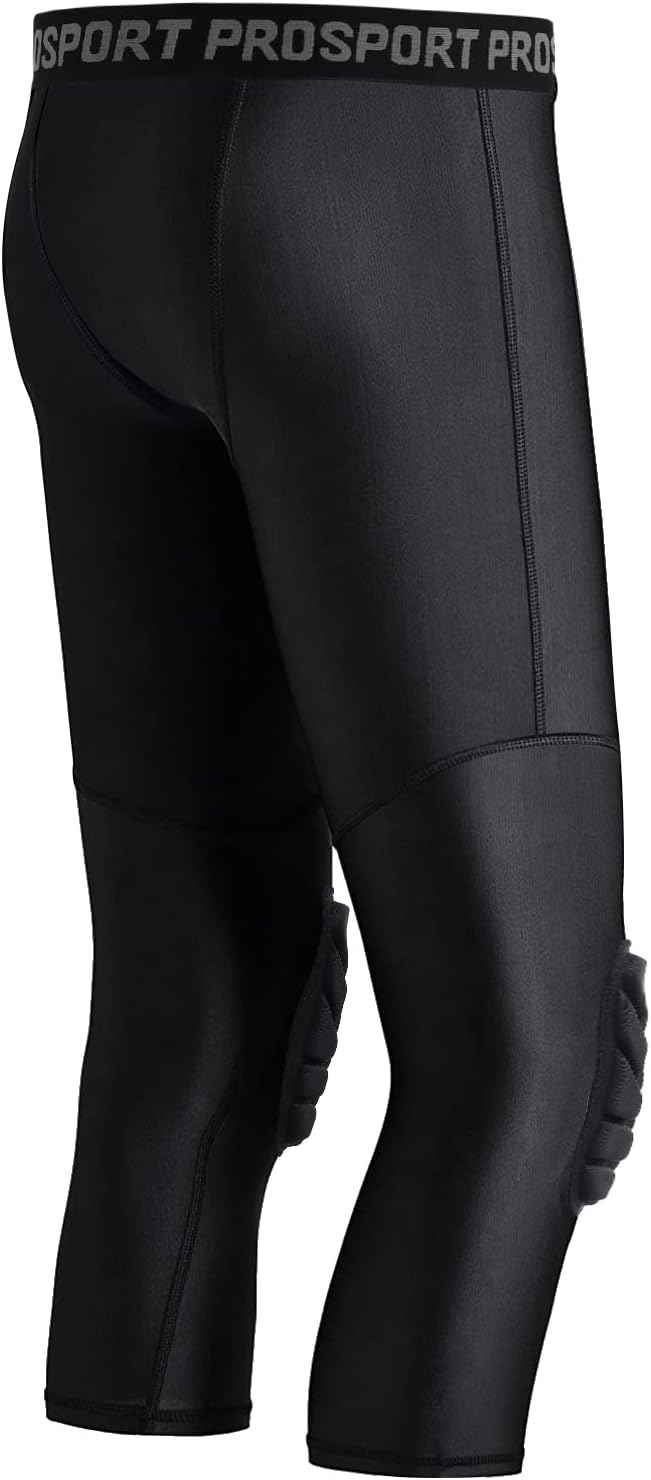 Mens Boys Compression Pants with Knee Pads 3/4 Capri Sport Tights Basketball Athletic Base Layer Workout Leggings Black a