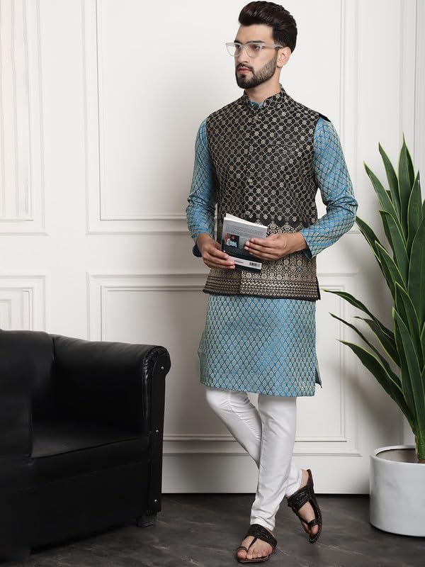 Sojanya (Since 1958 Men's Jacquard Silk Tgreen Kurta And Off-White Pyjama With Black Nehru Jacket