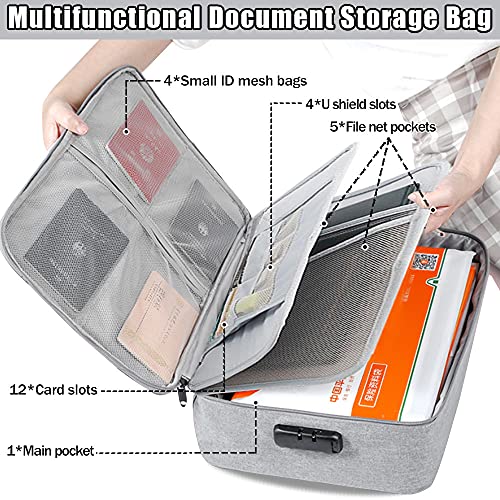 Image of Gray Cotton Document Storage Box with Lock, Multi-Layer Organizer, Portable File Storage Bag for Home Office Travel, A4, Legal Size Files, Cash, Jewelry, Passport, Certificates