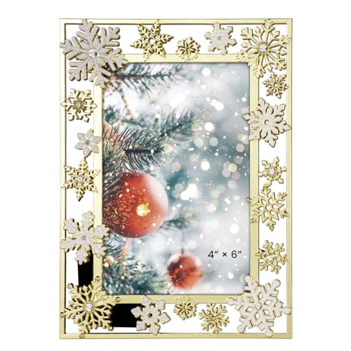 GUOER Christmas Decorations Photo Frame 4x6 Inch Snowflake Christmas Metal Photo Display Picture Photo Frames with High Definition Glass Front Gift Ideas Tabletop Home Decorative (Golden)
