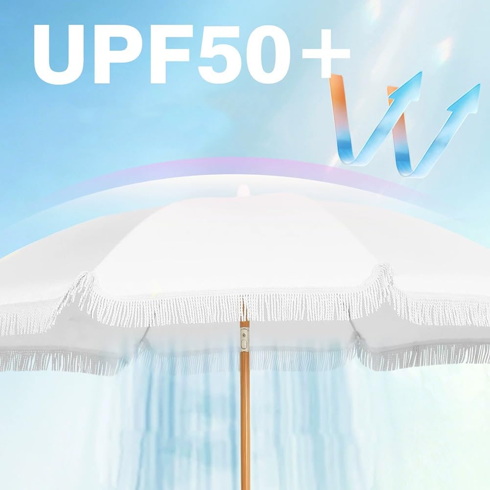 160 cm Parasol Ogrodowy z Frędzlami, Parasol Plażowy z Przycisk Nachylenia i Aluminiowym Drążkiem UV 50+