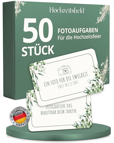 HOCHZEITSHELD Fotoaufgaben Hochzeit als Hochzeitsspiele für die Gäste und Brautpaar - Originelles Fotospiel Hochzeit als Stimmungsmacher - Auch als Hochzeitsdeko Tisch und Fotobox Accessoires geeignet
