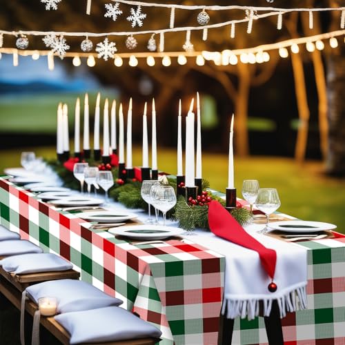 Image of Ganeen 3 Pcs Christmas Buffalo Plaid Tablecloths Disposable Plastic Red and Green Checkered Table Cloths Waterproof Rectangle for Winter Christmas New Year Holiday Party Decor, 54 x 108 Inch