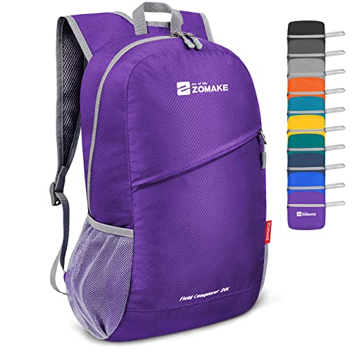 ZOMAKE Lightweight Packable Backpack 20L,Foldable Backpacks Small Daypack for Hiking Water Resistant Day Bag for Travel(Purple)