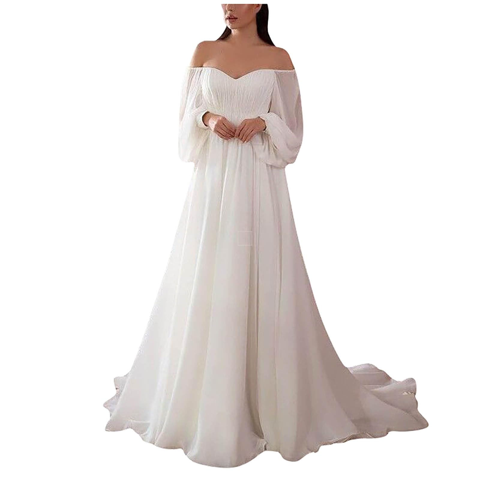 Brautkleid Lang Chiffon Abendkleider Elegant Für Hochzeit Hochzeitskleid Weiß Maxikleid Schulterfrei Brautjungfernkleider Festliches Cocktailkleid Rückenfrei Brautkleid Standesamt A Linie