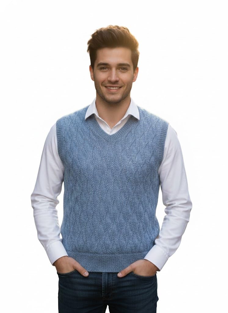 Men's Sleeveless Sweater Vest, Blue, V-Neck, Cable Knit Pattern, Casual Layering Size M&L Packe of 01-picture-39