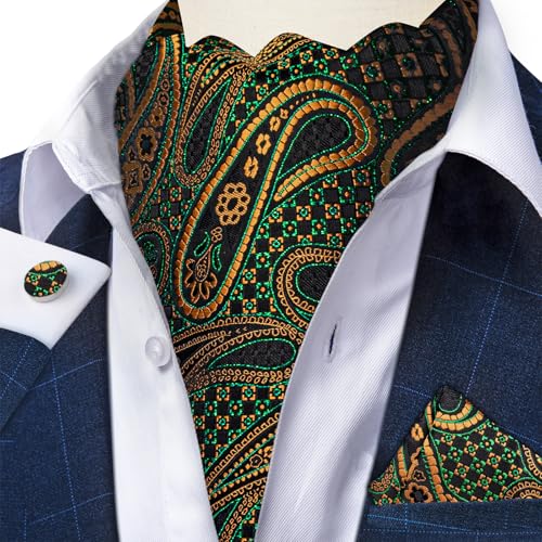 Image of DiBanGu 3PCS Ascot Ties for Men Wedding Jacquard Woven Silk Ascot Cravat for Men Cravat Tie and Pocket Square Set
