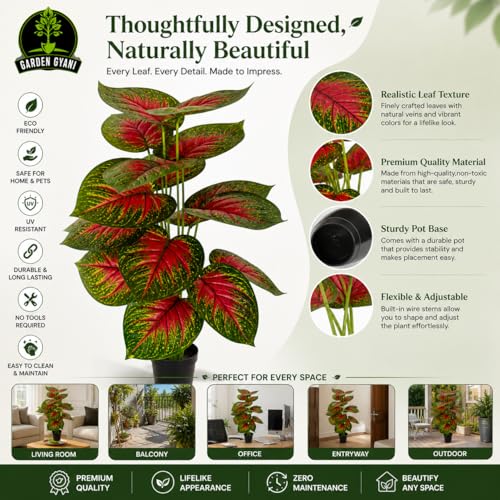 Image of Artificial Red Monstera Plant with Black Pot - 26 Inch (66 cm) Tall Faux Tropical Decorative Plant for Home, Office, Balcony & Living Room Decor
