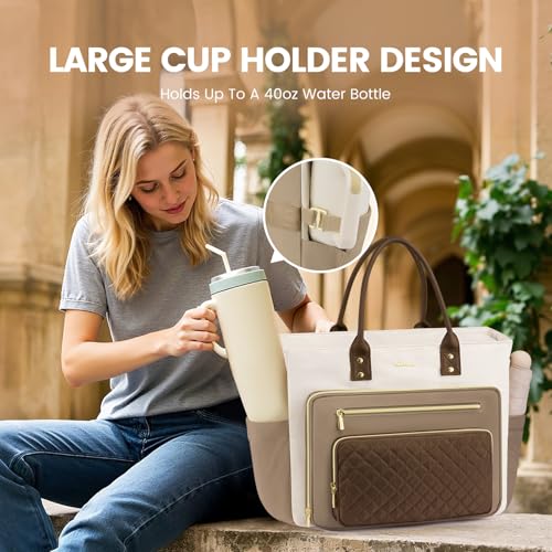 Image of LOVEVOOK Teacher Tote Bag for Women Work, Laptop Bag With Large Cup Holder, Nurse Bags Professional Briefcase Business Computer Purses Handbag Gifts,Khaki-Beige-Coffee,15.6 Inch