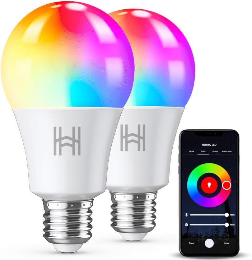 Paquete de 2 bombillas inteligentes, LED A19 que cambian de color (800 lúmenes), WiFi y Bluetooth, sincronización de música, compatible con Alexa y